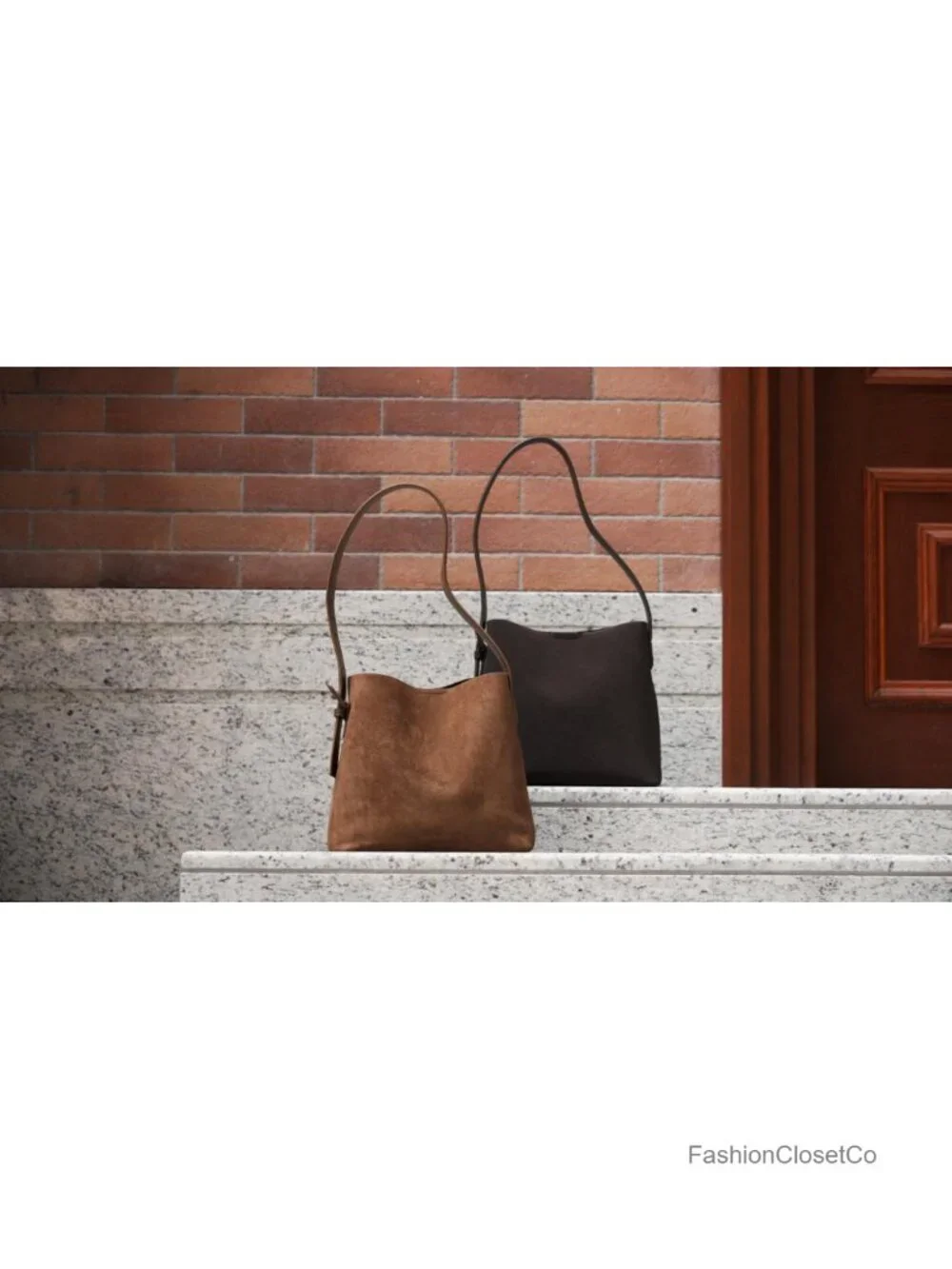 Faux suede bucket bag with adjustable strap, detachable zip pouch, snap closure
